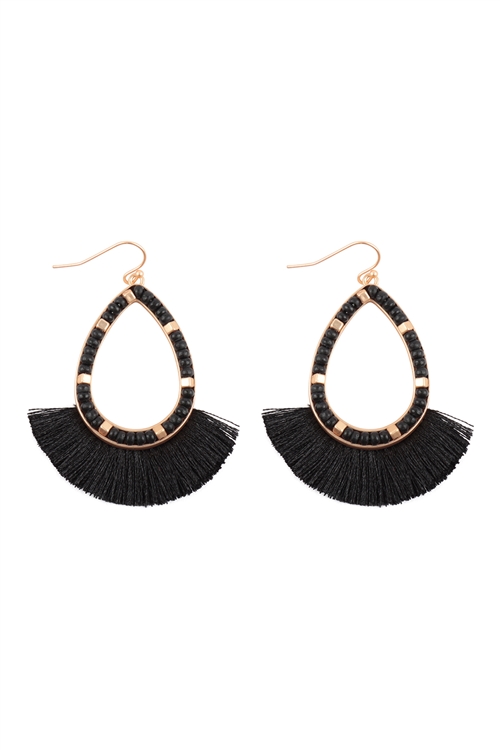 S1-8-4-B8E2124-JET - BEADED TEADROP WITH FAN FRINGE EARRINGS-BLACK/6PCS