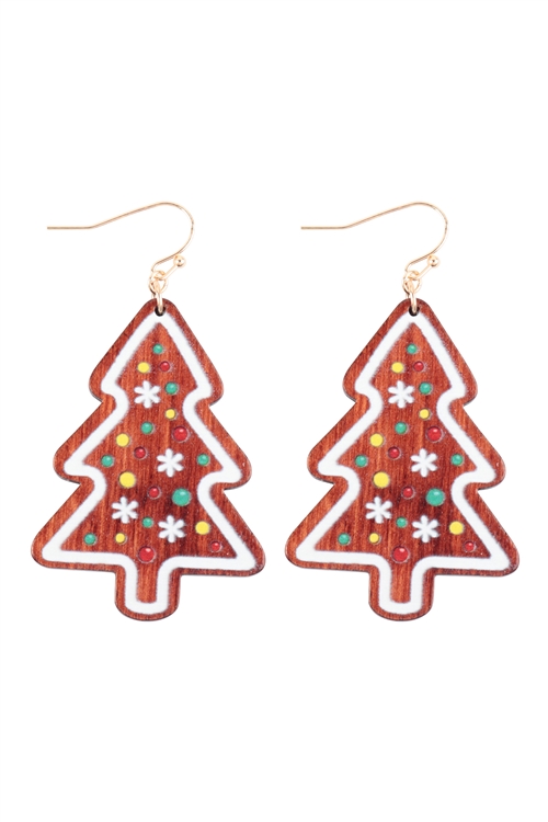 A1-3-3-B8E2321BRN - 1.75" CHRISTMAS TREE WOOD HOOK EARRINGS/1PC