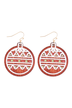 A1-3-3-B8E2322BRN - 1.75" WOOD CHRISTMAS ORNAMENT BALL HOOK EARRINGS/1PC