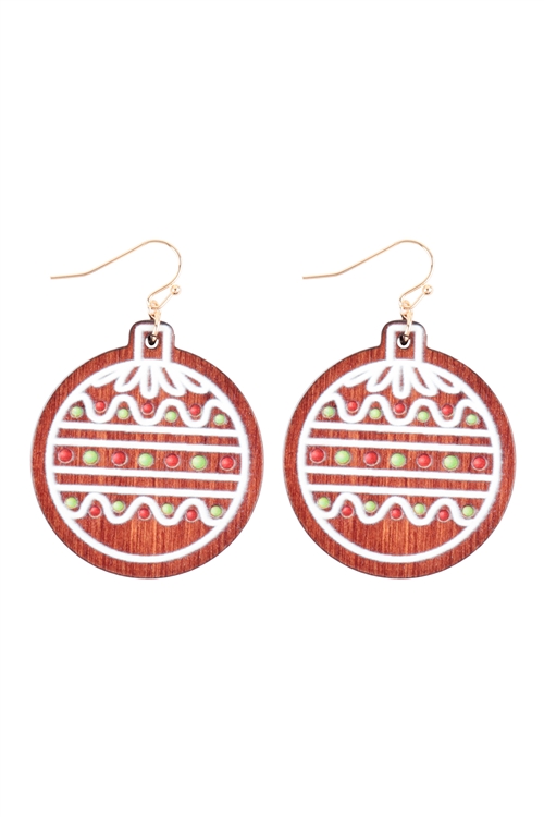 A1-3-3-B8E2322BRN - 1.75" WOOD CHRISTMAS ORNAMENT BALL HOOK EARRINGS/1PC