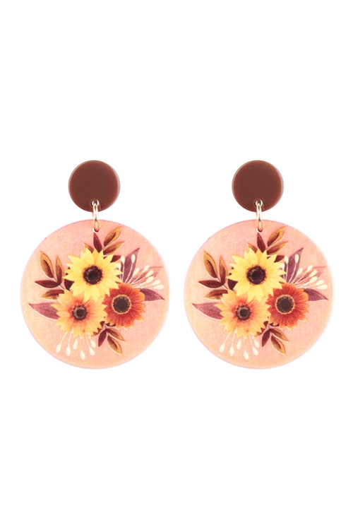 SA4-2-2-B8E2369PK - FLOWER PRINT RETRO WOOD POST DANGLE EARRINGS-PINK/1PC (NOW $4.00 ONLY!)