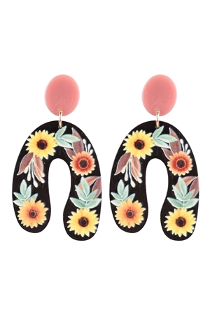 S6-5-2-B8E2370JET - ARCH SUNFLOWER WOOD POST DANGLE EARRINGS-BLACK/1PC