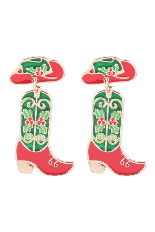 SA4-2-2-B8E2395REDGRN - 1.5" CHRISTMAS THEME PATTERNED BOOT ENAMEL POST EARRINGS-RED GREEN/1PC (NOW $2.75 ONLY!)