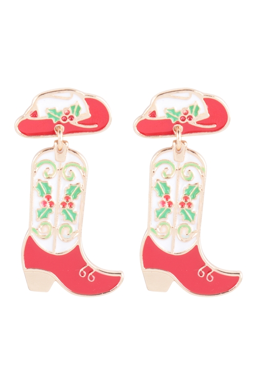 SA4-2-2-B8E2395WHTRED - 1.5" CHRISTMAS THEME PATTERNED BOOT ENAMEL POST EARRINGS-WHITE RED/1PC (NOW $2.75 ONLY!)