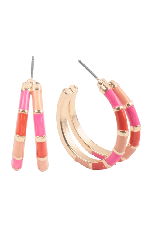 A2-3-2-B8E2907HPK - 1.1" 2 LAYERED COLOR BLOCK HOOP EARRINGSV-HOT PINK/1PC