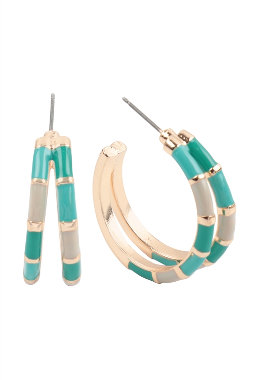 A2-3-2-B8E2907TQ - 1.1" 2 LAYERED COLOR BLOCK HOOP EARRINGS- TURQUOISE/1PC