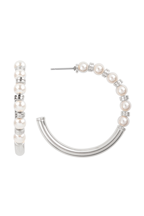 A1-1-2-B8E9005XSV-CRM - 1.2" ROUND ACRYLIC PEARL HOOP EARRNGS-SILVER CREAM/1PC