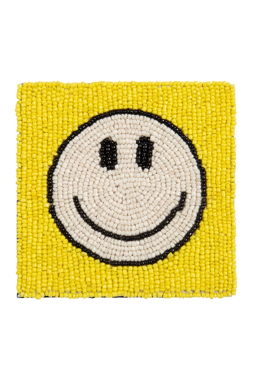 S18-10-3-B8HC1134YLW - 4" SQUARE SMILEY FACE HANDMADE SEED BEAD COASTER-YELLOW/1PC
