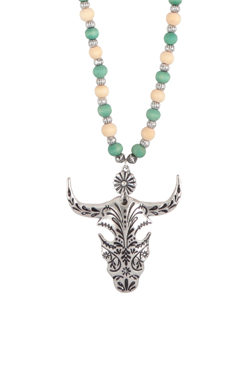 S17-12-3-B8N2415XBS-TQ -  30" WOOD BEAD LONGHORN SKULL NECKLACE BURNISH SILVER-TURQUOISE/1PC