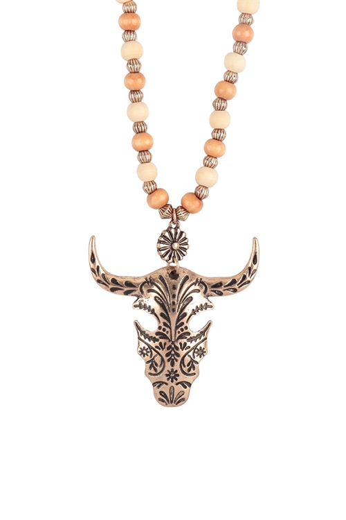 S17-12-3-B8N2415XRSG-IV -  30" WOOD BEAD LONGHORN SKULL NECKLACE BURNISH GOLD-IVORY/1PC