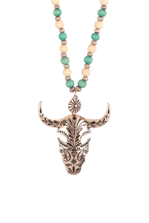 S17-12-3-B8N2415XRSG-TQ - 30" WOOD BEAD LONGHORN SKULL NECKLACE BURNISH GOLD-TURQUOISE/1PC