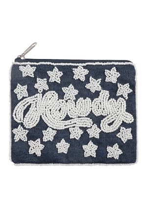 A1-3-2-BA083 - HOWDY DENIM SEED BEADS COIN POUCH-BLUE/1PC