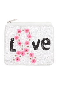 S19-11-3-BA147 - LOVE PINK RIBBON AWARENESS WITH FLOWERS SEQUIN COIN POUCH-WHITE/1PC