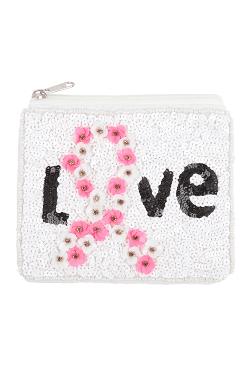 S19-11-3-BA147 - LOVE PINK RIBBON AWARENESS WITH FLOWERS SEQUIN COIN POUCH-WHITE/1PC