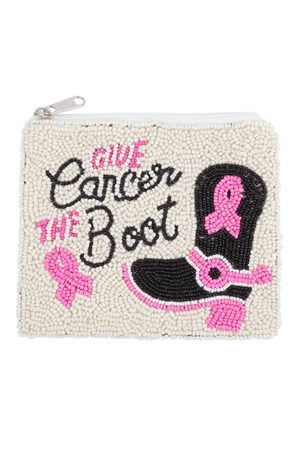 S19-11-3-BA149 - GIVE CANCER THE BOOT PINK RIBBON AWARENESS SEED BEADS COIN POUCH-CREAM/1PC