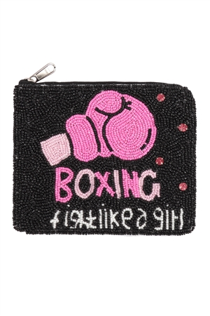 S19-8-3-BA151 - BOXING FIGHT LIKE A GIRL SEED BEADS COIN POUCH-BLACK/1PC