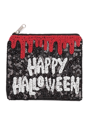 A2-1-3-BA157 - HAPPY HALLOWEEN SEQUIN AND SEED BEADS COIN POUCH-BLACK/1PC