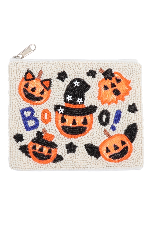 S20-7-4-BA158 - PUMPKIN HALLOWEEN SEED BEADS COIN POUCH-WHITE/1PC