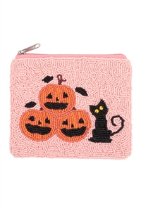 S19-8-3-BA162 - HALLOWEEN PUMPKINS WITH BLACK CAT  SEED BEADS  COIN POUCH-PINK/1PC