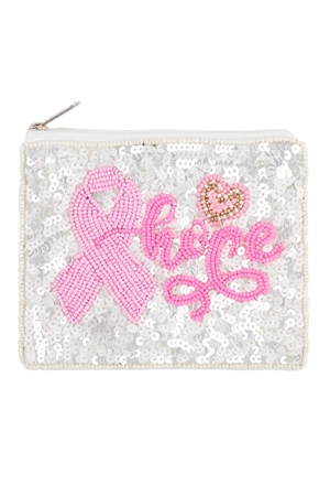 S20-9-3-BA168 - HOPE PINK RIBBON AWARENESS SEQUIN AND  SEED BEADS COIN POUCH-WHITE/1PC