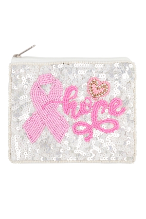 S5-6-5-BA168 - HOPE PINK RIBBON AWARENESS SEQUIN AND  SEED BEADS COIN POUCH-WHITE/1PC