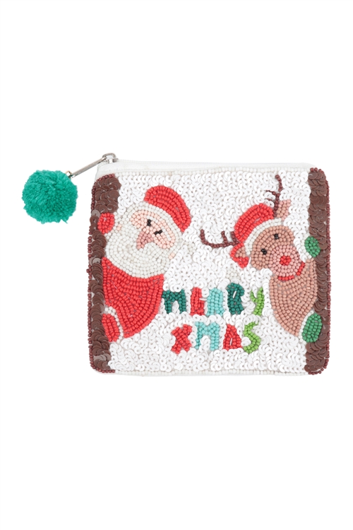 A2-1-3-BA174 - MERRY CHRISTMAS SANTA, REINDEER SEQUIN AND SEED BEADS COIN POUCH-WHITE/1PC