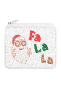 S20-8-3-BA179 - CHRISTMAS SANTA FA LA LA SEED BEADS COIN POUCH-WHITE/1PC