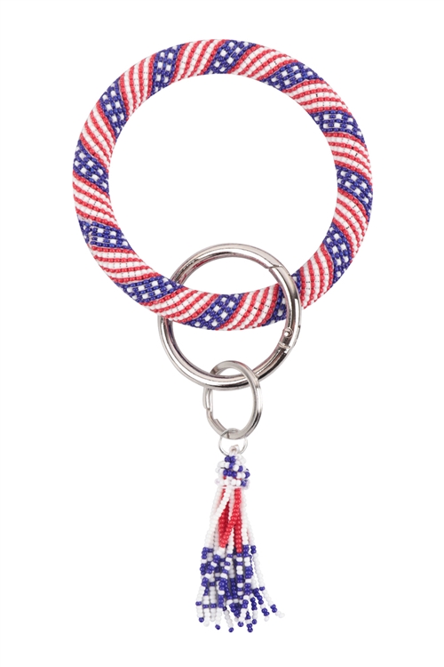 S18-12-3-BB00467RMT - PATRIOTIC US FLAG SEED BEAD BANGLE BRACELET KEYCHAIN-USA/1PC