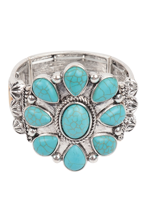 S5-4-3-BB01001-SBTD - WESTERN CONCHO FLOWER CLUSTER SEMI STONE W/ LEOPARD WRAP BRACELET-BURNISH SILVER TURQUOISE/1PC  (NOW $7.00 ONLY!)