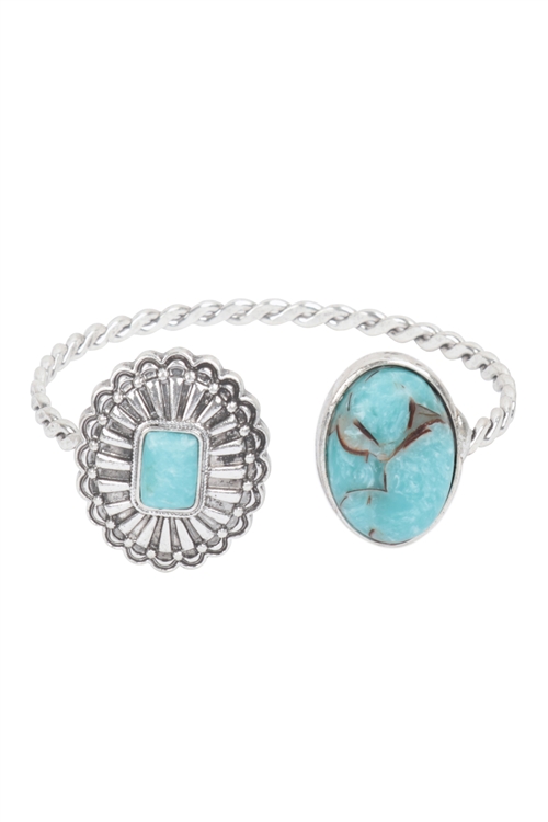 S1-5-1-BB01720-SBTQ - WESTERN CONCHO STONE  FLOWER TWISTED CUFF BRACELET-BURNISH SILVER TURQUOISE/3PCS