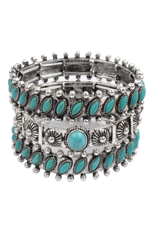 S1-5-1-BB01738-SBTQ - WESTERN CONCHO  STONE LAYERED BANGLE BRACELET-BURNISH SILVER TURQUOISE/1PC