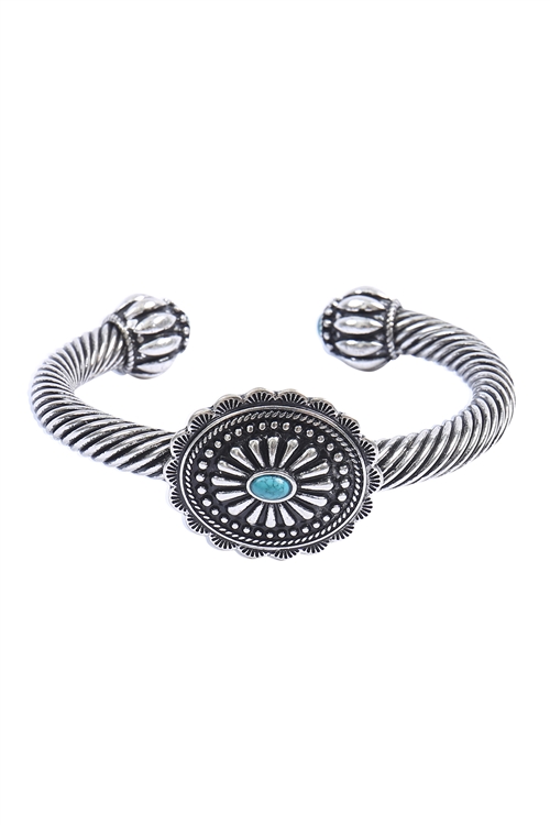 A1-2-2-BB01914SBTQ - WESTERN CONCHO FLOWER TWISTED WIRE CUFF BRACELET-BURNISH SILVER TURQUOISE/1PC