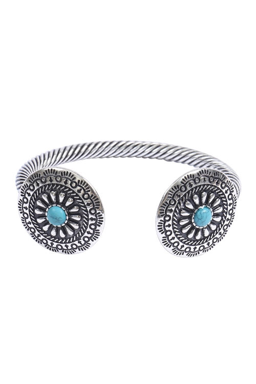 A1-2-2-BB01918SBTQ - WESTERN CONCHO FLOWER STONE TWISTED WIRE CUFF BRACELET-BURNISH SILVER TURQUOISE/1PC