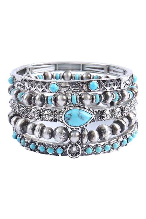 A1-2-2-BB01925SBTQ - WESTERN CONCHO SEMI STONE AZTEC VERSATILE STACKABLE BANGLE BRACELET-BURNISH SILVER TURQUOISE/1PC