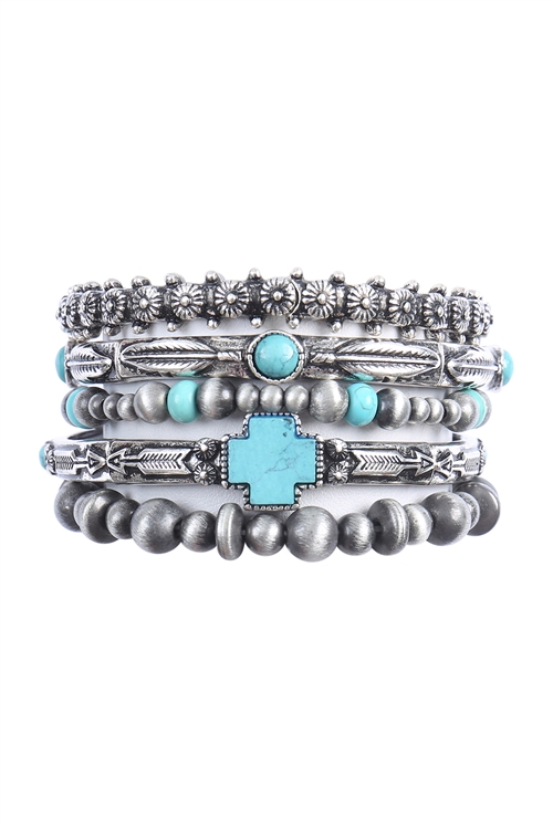 S1-8-3-BB01926-SBTQ - WESTERN CONCHO SEMI STONE CROSS FEATHER VERSATILE STACKABLE BRACELET-BURNISH SILVER TURQUOISE/1PC (NOW $10.75 ONLY!)