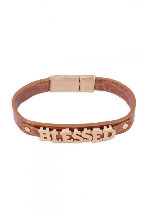 S1-8-3-BB1136GD-BRW - "BLESSED" LEATHER PERSONALIZED MAGNETIC BRACELET- BROWN/6PCS