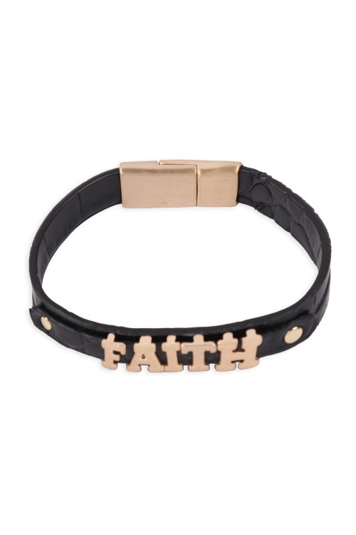 S1-8-3-BB1138GD-BLK - "FAITH" LEATHER PERSONALIZED MAGNETIC BRACELET- BLACK/6PCS