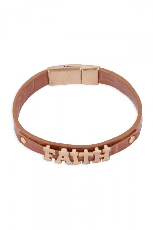 S1-8-3-BB1138GD-BRW - "FAITH" LEATHER PERSONALIZED MAGNETIC BRACELET- BROWN/6PCS