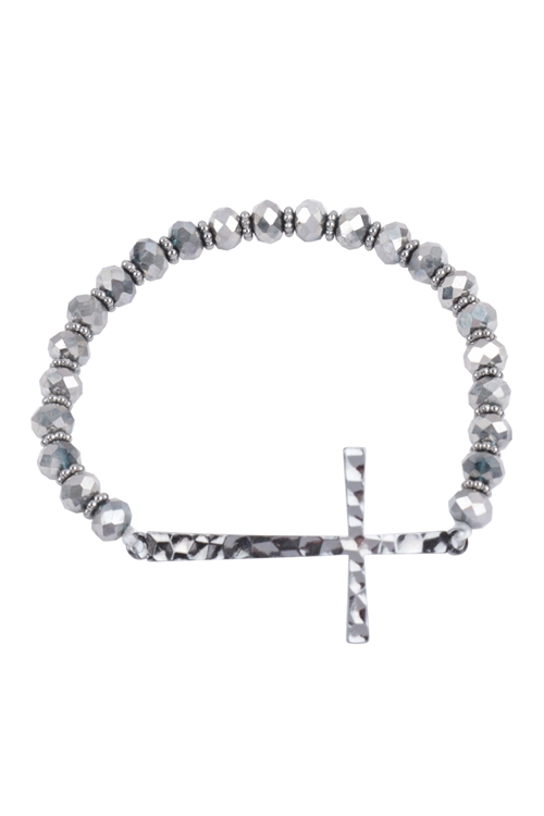 A2-1-4-BB2869H-H - CROSS RONDELLE BEADS STRETCH BRACELET-HEMATITE/1PC