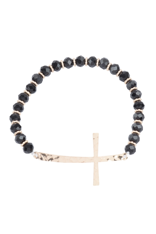 A2-1-4-BB2869WG-BLK - CROSS RONDELLE BEADS STRETCH BRACELET-MATTE GOLD BLACK/1PC