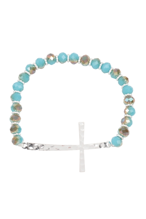 A2-1-4-BB2869WS-TURQ - CROSS RONDELLE BEADS STRETCH BRACELET-MATTE SILVER TURQUOISE/1PC
