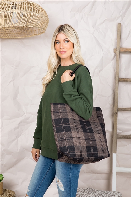 S20-8-2-BG309X001A - PLAID NEUTRAL COLOR FASHION TOTE BAG - BLACK/1PC