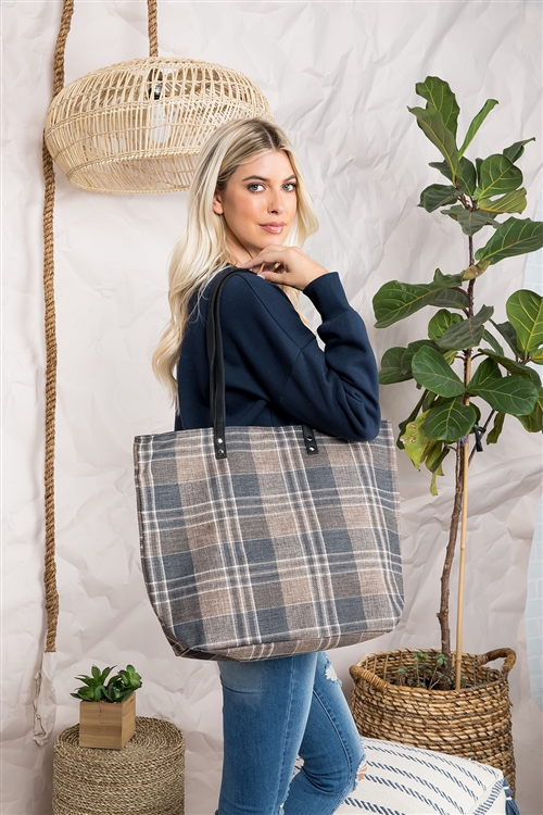 S20-11-2-BG309X001G -  PLAID NEUTRAL COLOR FASHION TOTE BAG - GRAY/1PC