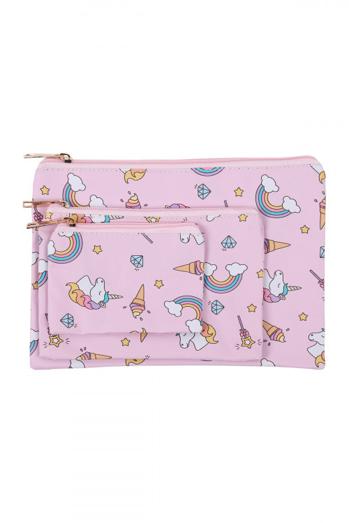 S22-12-3-BG326X266 - UNICORN PRINT 3 SET POUCH - PINK /6PCS