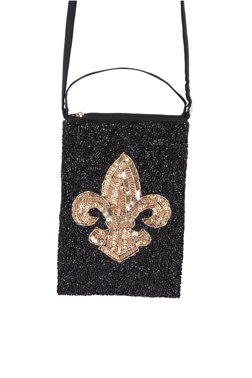 S20-12-1-BG430X105 - FLEUR DE LIS BLACK PATTERN SEQUIN SEED BEADS CROSSBODY BAG/6PCS