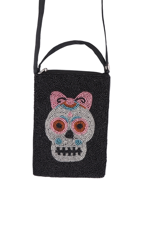 S20-12-1-BG430X108 - SUGAR SKULL RIBBON SEED BEADS CROSSBODY BAG/6PCS