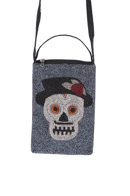 S20-12-1-BG430X109 - SUGAR SKULL HAT SEED BEADS CROSSBODY BAG/6PCS