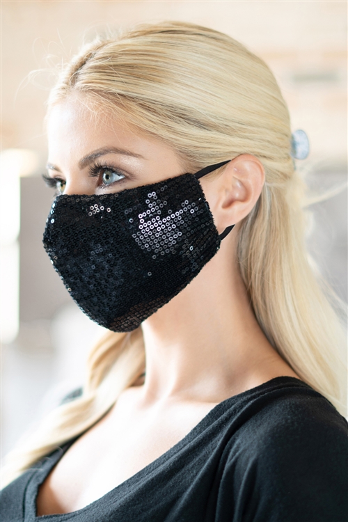 S19-12-3-BMSK2001BK-SEQUIN GAUZE FACE MASK-BLACK/12PCS