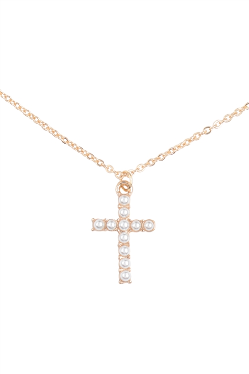 SA4-2-1-BNE2884GD - PEARL CROSS PENDANT NECKLACE-GOLD/1PC