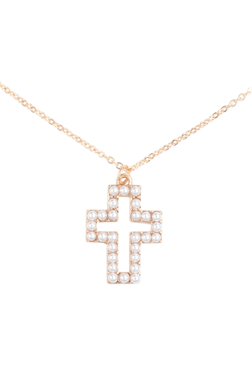 SA4-2-1-BNE2886GD - PEARL OPEN CROSS PENDANT NECKLACE-GOLD/1PC